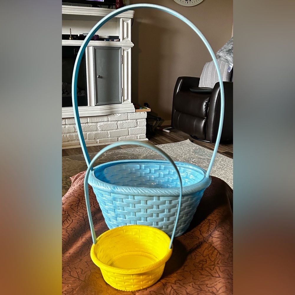2- Vintage Blue and Yellow Blow Mold plastic Woven Easter Baskets